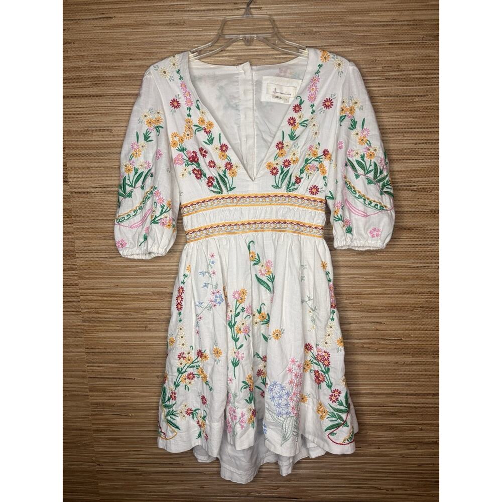Anthropologie Deep V Floral Bohemian Boho Mini Dress Ivory Sz S - Picture 2 of 4